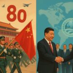 A split-screen image showing China's dual approach: on the left, a grand military parade with soldiers marching under the Tiananmen Gate and fighter jets overhead; on the right, President Xi Jinping shaking hands with a foreign leader against the backdrop of the SCO summit logo and world map.