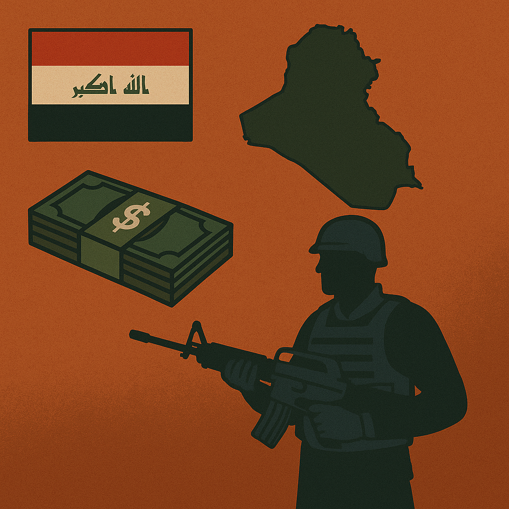 The Iraq War (2003) and the rise of private military contractors highlight the intersection of conflict, security, and profit. A digital illustration showing the political economy of the Iraq War (2003), featuring the Iraqi flag, a map of Iraq, a silhouette of a soldier with a rifle, and a stack of dollar bills.
