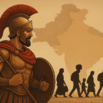 An Athenian warrior in bronze armor and red cloak stands resolute with a spear and shield, set against a sepia-toned map of South Asia with silhouettes of marching figures symbolizing modern conflict and strategy.