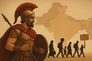 An Athenian warrior in bronze armor and red cloak stands resolute with a spear and shield, set against a sepia-toned map of South Asia with silhouettes of marching figures symbolizing modern conflict and strategy.