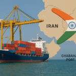 A cargo ship loaded with red and blue containers docks at Chabahar Port in Iran, beside a yellow crane, with a regional map overlay showing India marked by a tricolor boomerang.