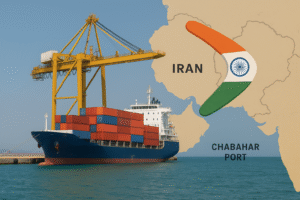 A cargo ship loaded with red and blue containers docks at Chabahar Port in Iran, beside a yellow crane, with a regional map overlay showing India marked by a tricolor boomerang.