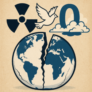 A cracked globe symbolizes a divided world, with a radiation symbol on one side and a dove flying toward a zero-shaped cloud on the other, representing the contrast between nuclear threat and peace aspirations.
