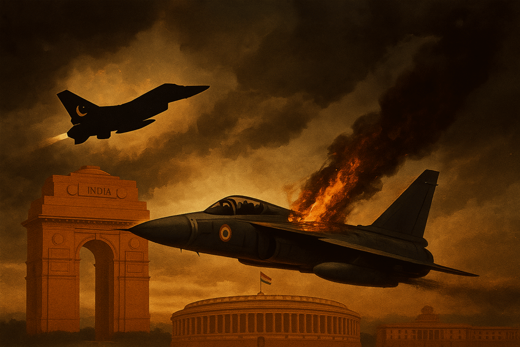 A dramatic digital illustration of New Delhi’s India Gate and the Indian Parliament House under a stormy sky, with two military jets flying overhead — one trailing smoke — symbolizing regional aerial tensions and political unrest.