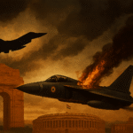 A dramatic digital illustration of New Delhi’s India Gate and the Indian Parliament House under a stormy sky, with two military jets flying overhead — one trailing smoke — symbolizing regional aerial tensions and political unrest.