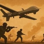 A military drone flies low over a dusty battlefield with armed soldiers advancing below amid rising smoke and an orange-toned sky, symbolizing the integration of modern technology into ground warfare
