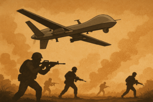 A military drone flies low over a dusty battlefield with armed soldiers advancing below amid rising smoke and an orange-toned sky, symbolizing the integration of modern technology into ground warfare