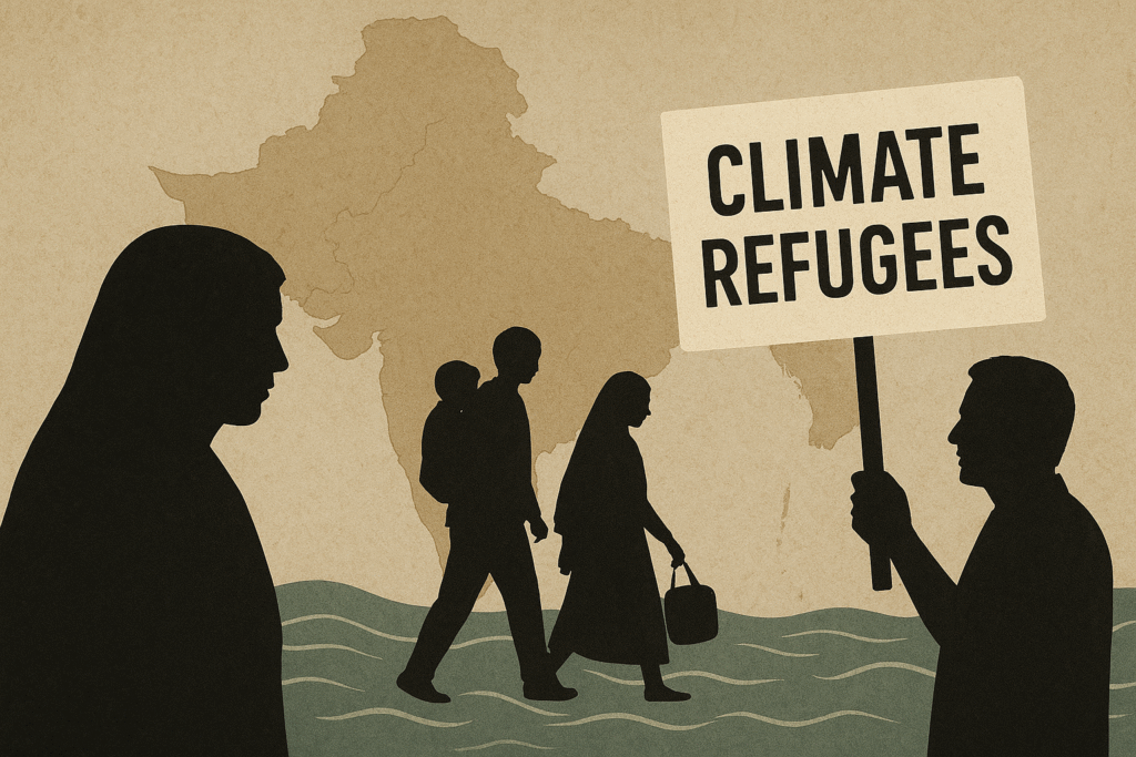 Silhouettes of South Asian climate-displaced families walk through rising water, with a muted map of South Asia in the background and a protester holding a blank sign symbolizing demands for recognition.