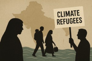 Silhouettes of South Asian climate-displaced families walk through rising water, with a muted map of South Asia in the background and a protester holding a blank sign symbolizing demands for recognition.