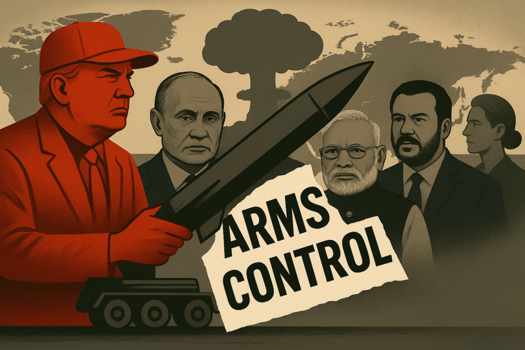 A stylized political illustration showing leaders Donald Trump, Vladimir Putin, Narendra Modi, and Matteo Salvini standing in front of a world map, with a mushroom cloud rising in the background. Trump holds a missile on a launcher, and a torn paper reading “Arms Control” symbolizes the erosion of global disarmament efforts.