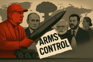 A stylized political illustration showing leaders Donald Trump, Vladimir Putin, Narendra Modi, and Matteo Salvini standing in front of a world map, with a mushroom cloud rising in the background. Trump holds a missile on a launcher, and a torn paper reading “Arms Control” symbolizes the erosion of global disarmament efforts.