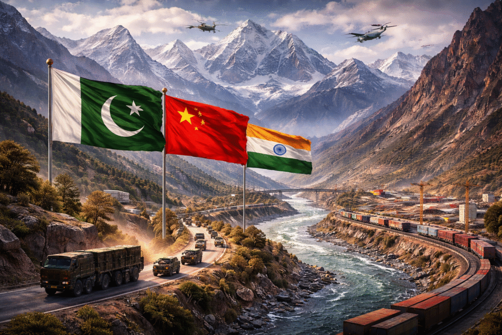 A panoramic view of Gilgit-Baltistan’s rugged mountain landscape showing snow-covered peaks, a river valley, transport corridors, and distant infrastructure, symbolizing the region’s strategic connectivity, geopolitical significance, and environmental vulnerability in South Asia.