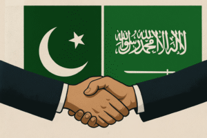A symbolic illustration showing the flags of Pakistan and Saudi Arabia side by side, with two individuals in formal attire shaking hands in the foreground to represent strategic cooperation.
