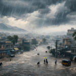 A flooded urban street in Pakistan during heavy monsoon rainfall, with people wading through deep water under dark storm clouds and partially submerged vehicles lining the road.