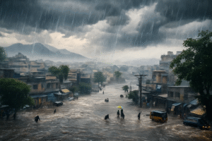 A flooded urban street in Pakistan during heavy monsoon rainfall, with people wading through deep water under dark storm clouds and partially submerged vehicles lining the road.