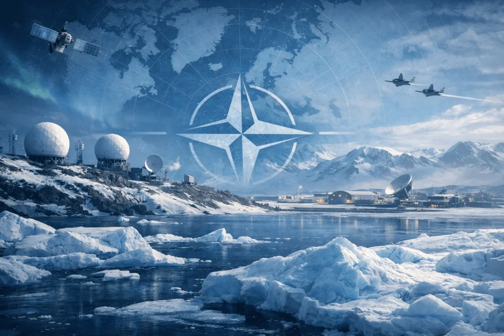 A cinematic Arctic scene of Greenland shows icy waters and snow-covered mountains framing a distant US military presence, with radar domes, satellites, and aircraft symbolizing strategic surveillance. A subtle NATO emblem and faint Arctic map overlay blend into the cool blue landscape, highlighting Greenland’s geostrategic importance and the evolving US–NATO security dynamics in the High North.