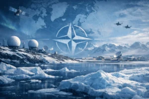 A cinematic Arctic scene of Greenland shows icy waters and snow-covered mountains framing a distant US military presence, with radar domes, satellites, and aircraft symbolizing strategic surveillance. A subtle NATO emblem and faint Arctic map overlay blend into the cool blue landscape, highlighting Greenland’s geostrategic importance and the evolving US–NATO security dynamics in the High North.