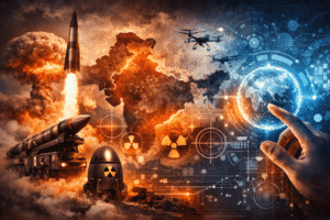 Illustration of South Asia with ballistic missiles, a nuclear warhead, drones, and a digital globe interface, symbolizing the impact of emerging technologies on nuclear deterrence and strategic stability.