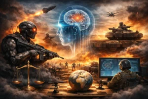 Realistic battlefield scene showing a robotic soldier, human-operated military systems, drones, tanks, and a digital human brain interface symbolizing artificial intelligence in modern warfare.