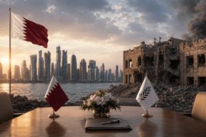 A diplomatic conference table with Qatar's flag overlooking Doha's skyline beside a bomb-damaged building, symbolizing Qatar's role as a mediator amid regional conflict and crisis.