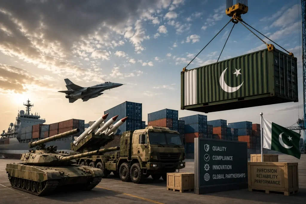 Pakistan defense export infrastructure featuring military equipment, shipping containers, cargo logistics, and export operations symbolizing the country's defense industry and global defense exports.