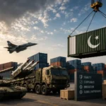 Pakistan defense export infrastructure featuring military equipment, shipping containers, cargo logistics, and export operations symbolizing the country's defense industry and global defense exports.