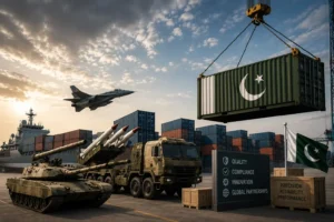 Pakistan defense export infrastructure featuring military equipment, shipping containers, cargo logistics, and export operations symbolizing the country's defense industry and global defense exports.
