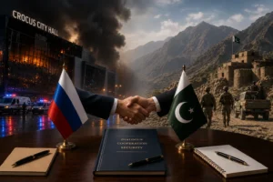 A symbolic editorial illustration showing the aftermath of the Crocus City Hall attack in Russia alongside Pakistan's mountainous Waziristan region, with Russian and Pakistani flags framing a diplomatic handshake that represents expanding counterterrorism cooperation.