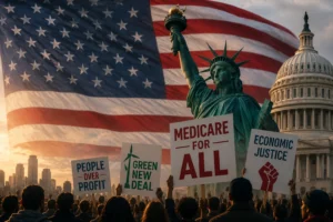 A conceptual illustration of the rise of democratic socialism in America, featuring the U.S. Capitol, the Statue of Liberty, an American flag, and demonstrators holding signs advocating healthcare, climate action, and economic justice.
