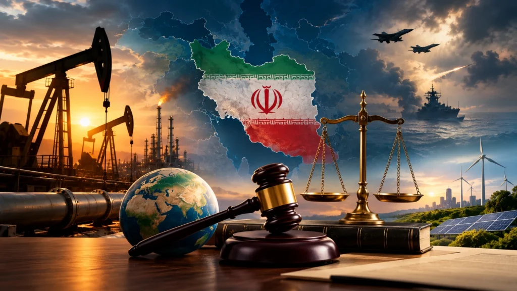 Illustration of the 2026 Iran crisis featuring oil infrastructure, Iran’s flag, military aircraft, a warship, scales of justice, a legal gavel, and renewable energy sources.