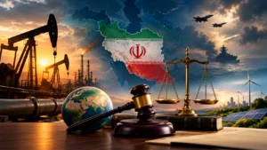 Illustration of the 2026 Iran crisis featuring oil infrastructure, Iran’s flag, military aircraft, a warship, scales of justice, a legal gavel, and renewable energy sources.
