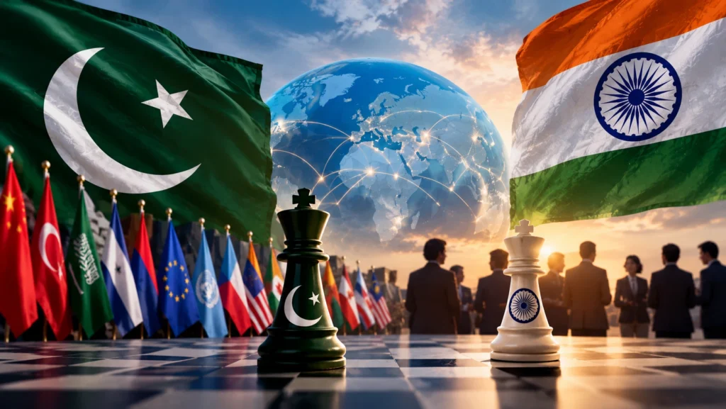 Pakistan and India flags facing each other across a chessboard, with a globe, international flags, and diplomats symbolizing regional rivalry and global diplomacy.