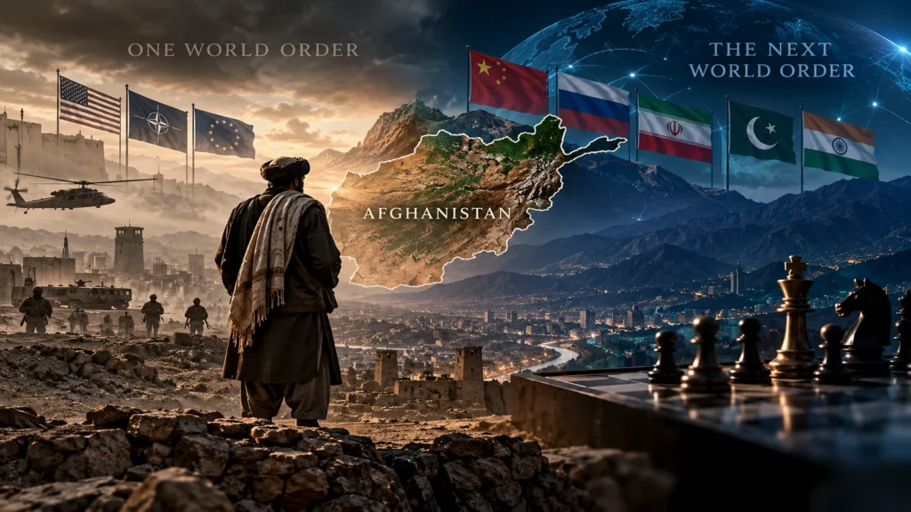 Afghanistan positioned between the former US-led world order and emerging global powers, symbolizing shifting geopolitical influence.