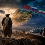 Afghanistan positioned between the former US-led world order and emerging global powers, symbolizing shifting geopolitical influence.