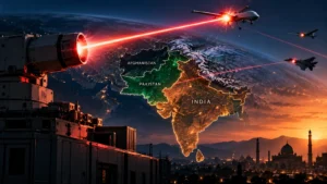 Direct energy weapons targeting a drone over South Asia, with Gilgit-Baltistan and Jammu and Kashmir marked as disputed regions.
