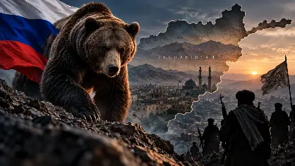 Russia’s renewed influence in Afghanistan, symbolized by a Russian bear against Afghanistan’s mountainous landscape